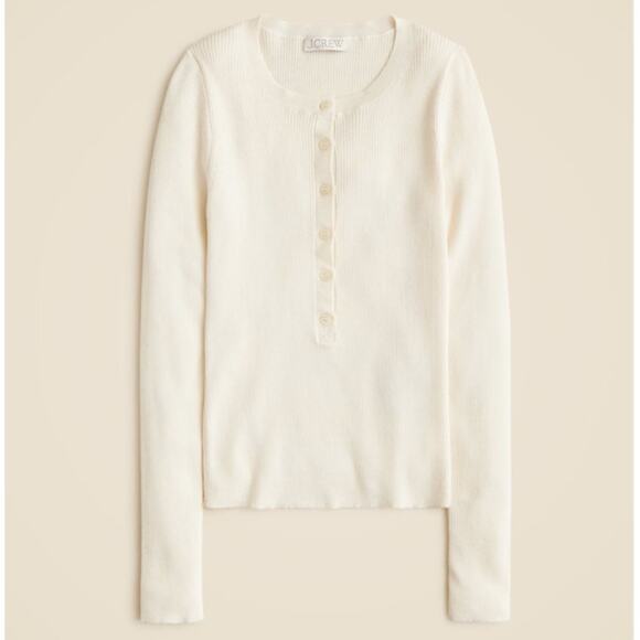 J.Crew Henley Sweater WMNS L Mountain White Long Sleeve Ribbed Tencel Crew Neck - Picture 1 of 7